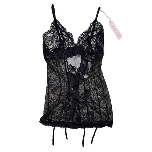 Victoria's Secret Triangle Lace Up Garter Slip Black Lingerie Size Large - Picture 1 of 3